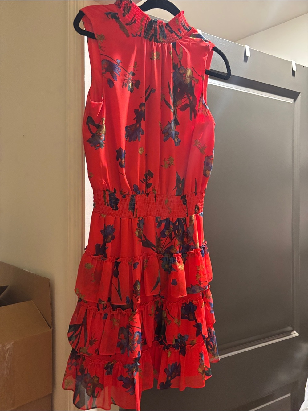 CeCe Coral Red Floral Tiered Ruffle Dress